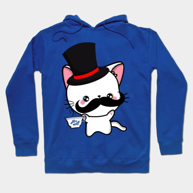 Sophisticated White Angora Cat Drinking Tea wearing a top hat Hoodie by Pet Station